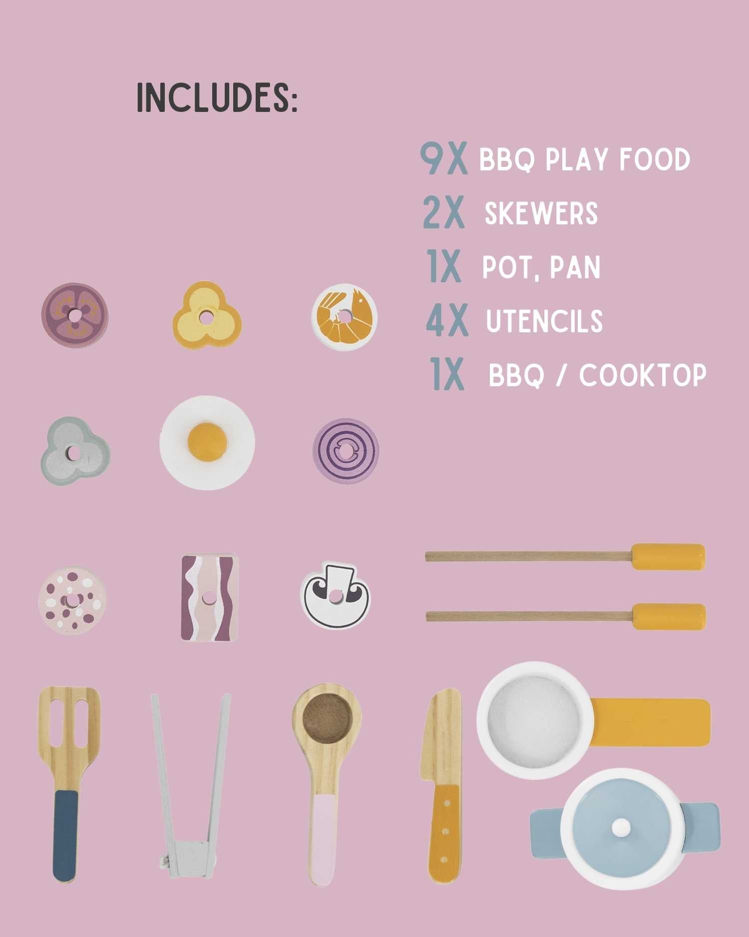 list of all accessories and play food comes with kids cooking playset