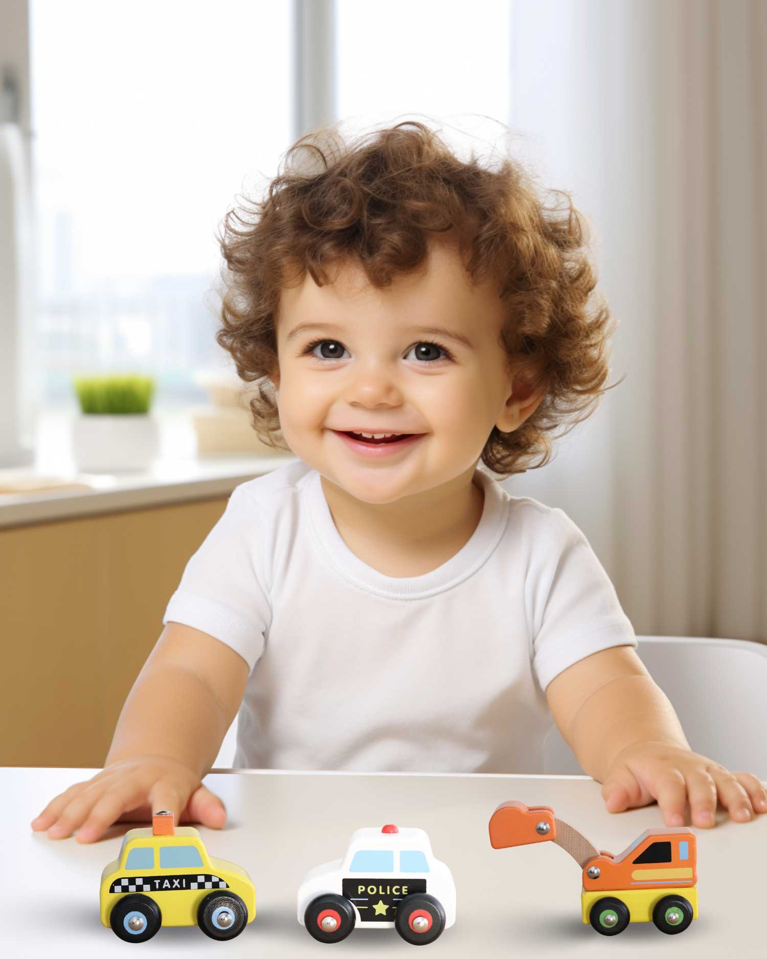 toddler boy playing with wooden Mini Vehicles Set 