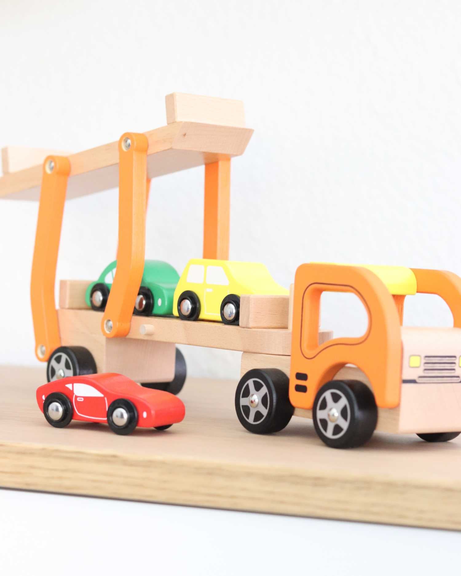 Wooden Car Carrier Truck toy with four mini cars