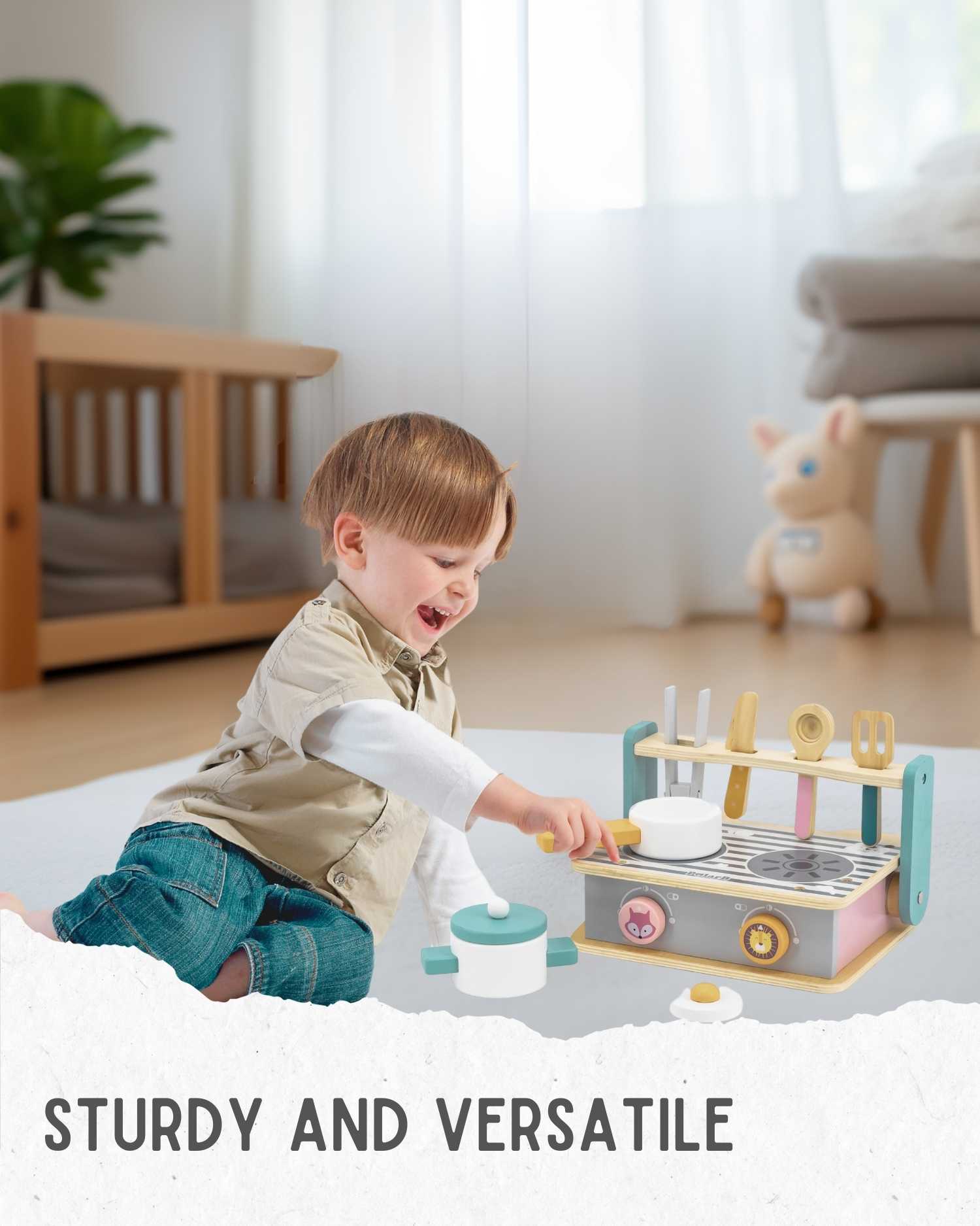 toddler boy cook a food with play kitchen set