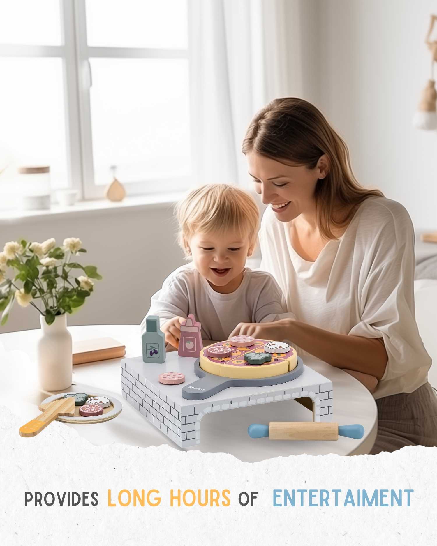 mom and toddler child playing with wooden pizza playset