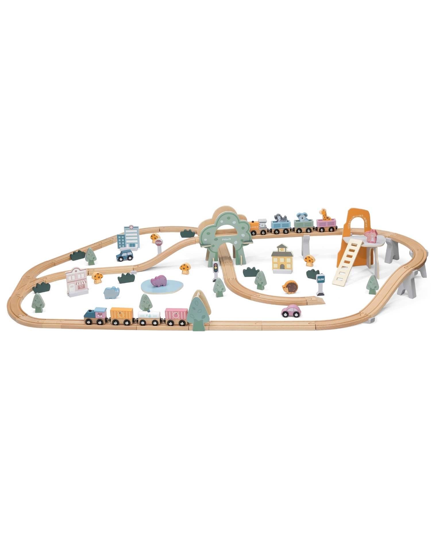 wooden railway set on white background